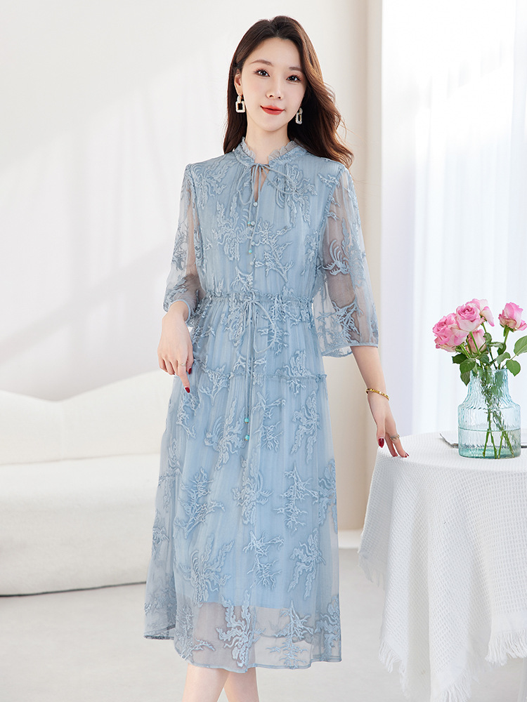 High-End Heavy Embroidery Dress for Women, 2026 New Summer Versatile Ruffled Edge Plus-Size Mother's Wear Silk Dress