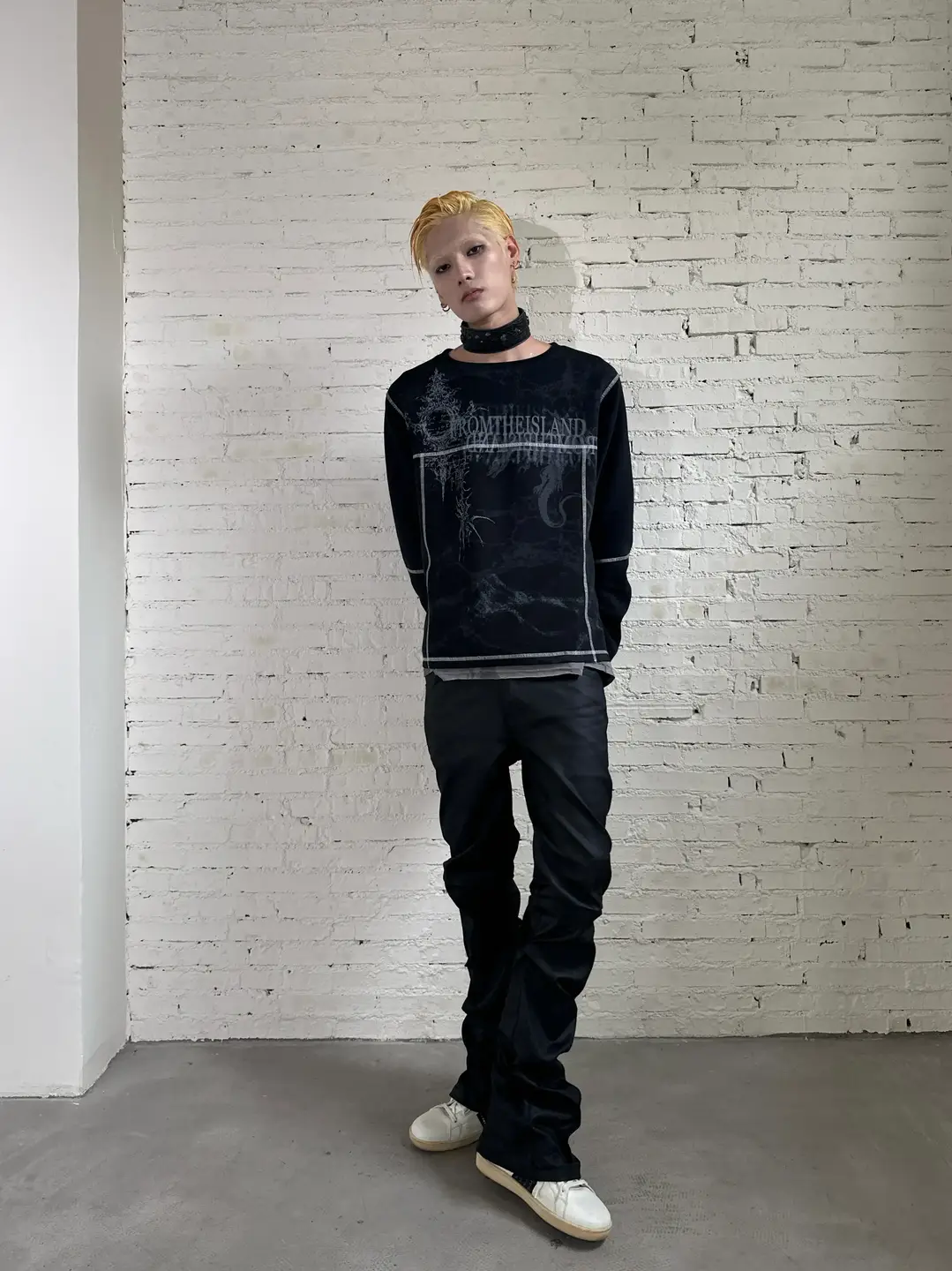 Fromtheisland Visual Style Slim-Fit Pleated Coated Wax Pants with Slight Stretch, Dark Black, Slightly Flared, Stacked Effect Jeans