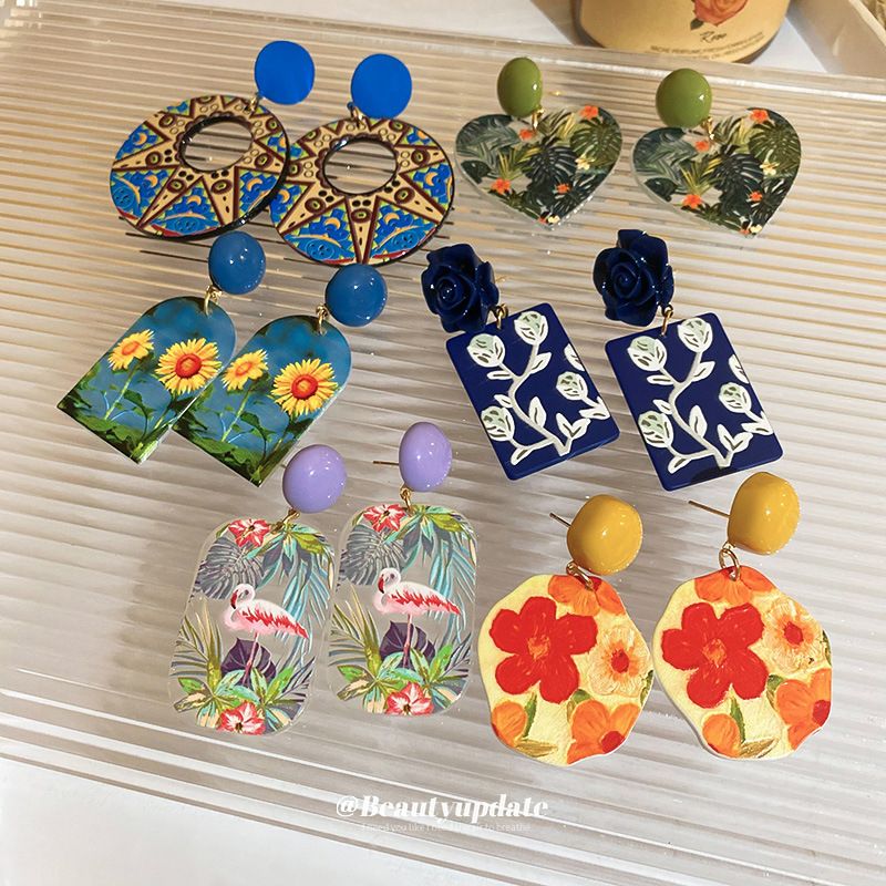 Silver Needle French Oil Painting Sunflower Earrings Creative Design Flamingo Earrings Cross-border Aesthetic Artistic Style Earrings