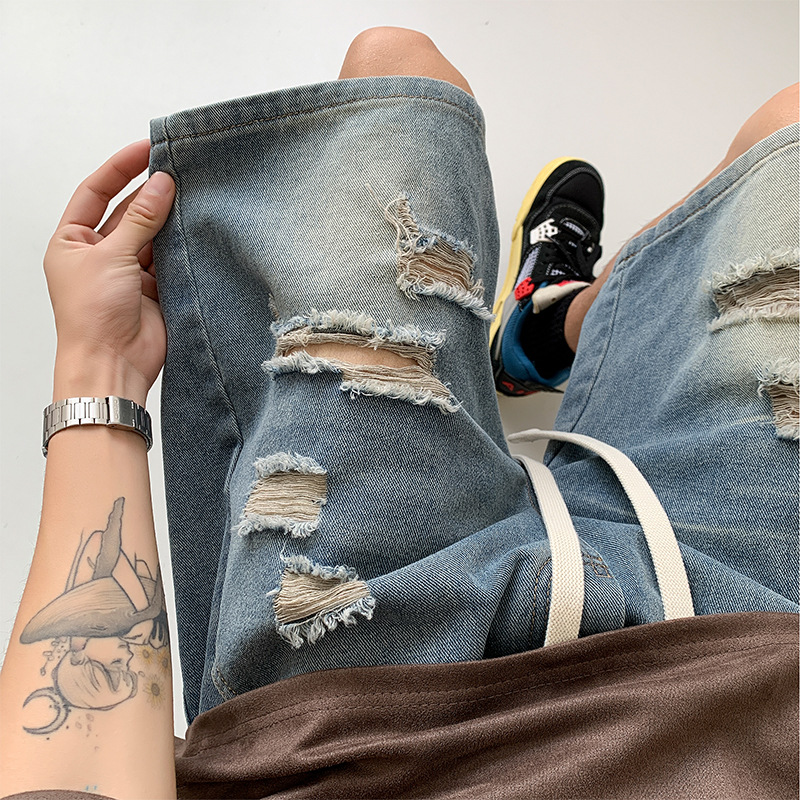 Hole Denim Shorts Men's Summer Fashionable Brand American Style Retro Washed Pants Fashionable Five-point Pants Men's Casual Pants
