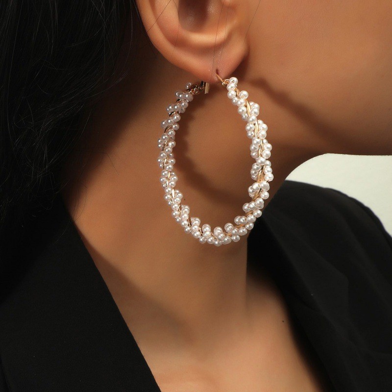 A Pair of Cross-Border Temu Jewelry Imitation Pearl Earrings for Women, Round Hoop Earrings, Large Hoop Earrings, European and American Exaggerated Earrings