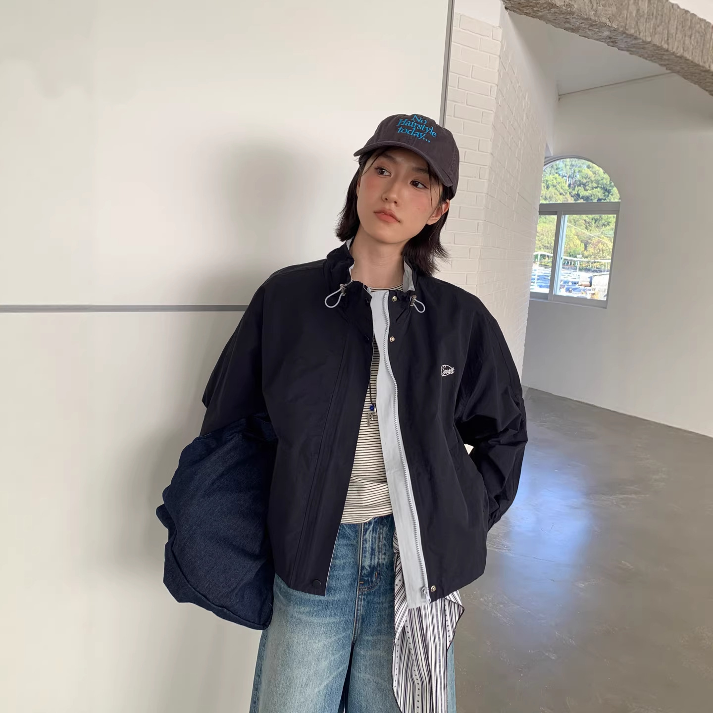 Korean Style Color-Blocking Embroidered Stand Collar Drawstring Baseball Jacket with Zipper for Women, Loose Casual Versatile Jacket Top Trendy