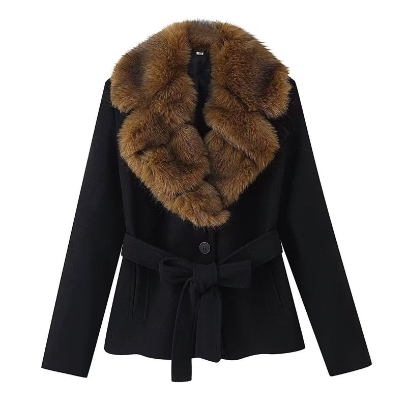Cross-Border Women's Clothing Manufacturer Wholesale 2025 New Style Lapel Faux Fur Collar Belt Slim-Fit Faux Wool Coat