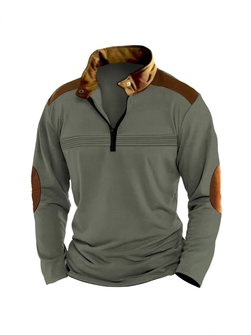 Cross-border Amazon European and American men's retro polo shirt solid color stitching long sleeve collar sports polo suit