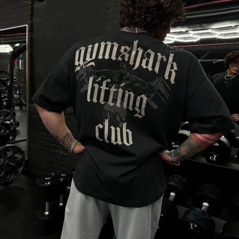 Cotton short sleeved men's tGYM training shirt, bodybuilding fashion, sports loose fit, fitness American print shark summer