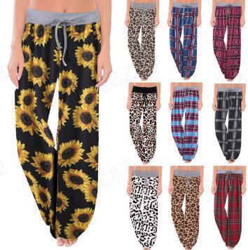 2023 Amazon European and American New Leopard Print Casual Stretch Drawstring Pajamas Wide Leg Pants Women's Clothing
