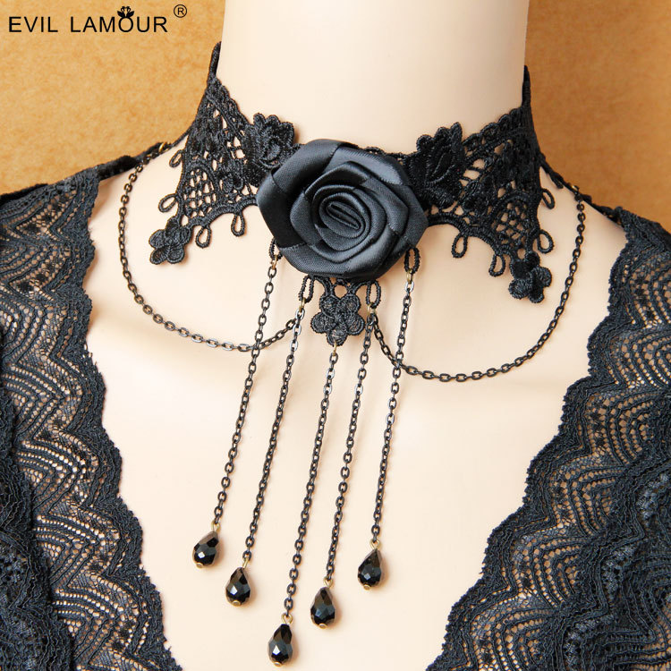 Gothic Punk Lori Japanese Hostel Vintage Black Lace Clavicle Necklace Dress Tassel Necklace Jewelry JL-111