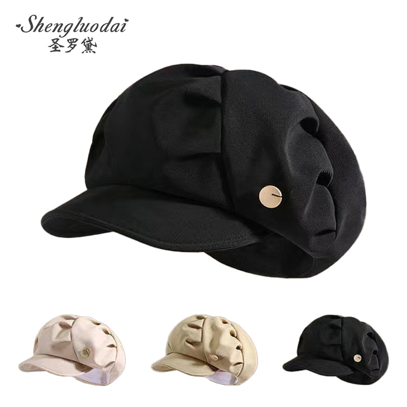 Cloud Hat Women's Folded Bag Face Showface Small Octagonal Hat for Traveling Daily Casual Korean Style Plain Short-brimmed Beret