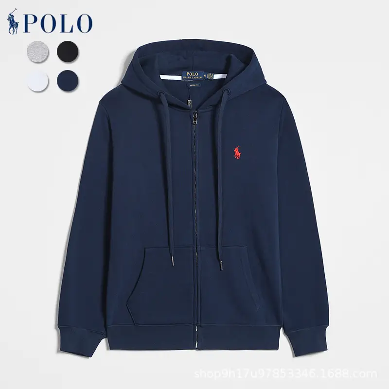 Spring and Autumn Paul Long-Sleeve Sweatshirt for Men, Casual Solid Color Embroidered Pony Logo Zip-Up Cardigan Sweatshirt and Sweatpants