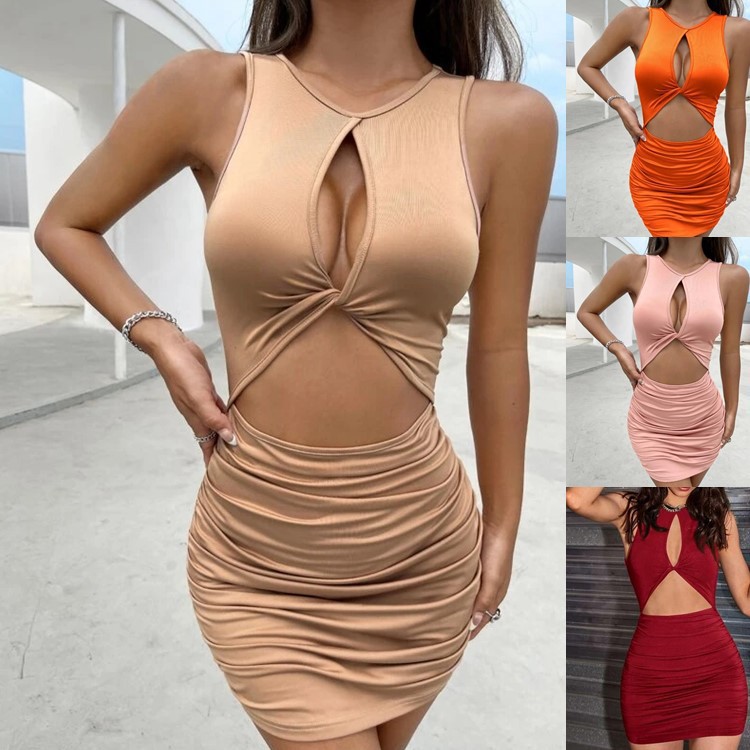 Cross-Border 2026 European and American Amazon Summer Women's Tight-Fitting Nightclub Dress Sexy Hollow-Out Pleated Spaghetti Strap Dress for Women