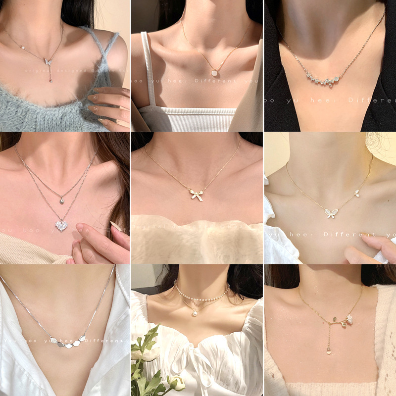 Korean-Style Zircon Bowknot Necklace Wholesale, Fairy-Like Elegant Versatile Simple Choker, Exquisite Niche Heart-Shaped Clavicle Chain