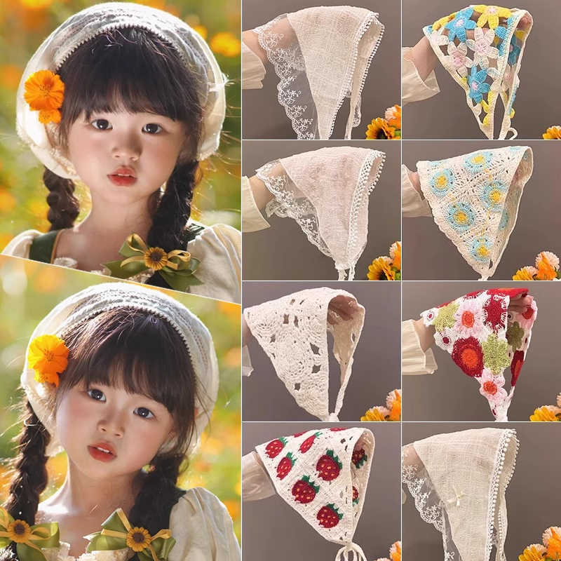 Children's Spring and Summer Outing Hair Accessories, Pastoral Style, Cute Lace Headband with Cutouts, Integrated Triangle Scarf Headband