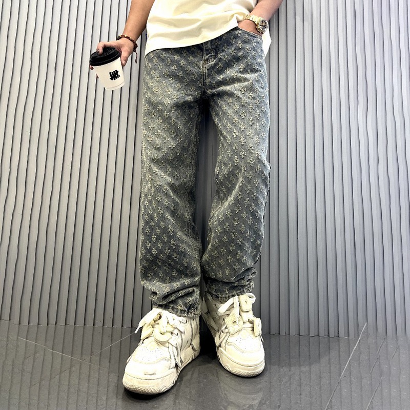 2025 Jacquard All over Print High Street Fashion Brand Ins Design Jeans Loose Straight Style Washed Wide Leg Long Pants Foto QC de 1688 na Qualit.ly