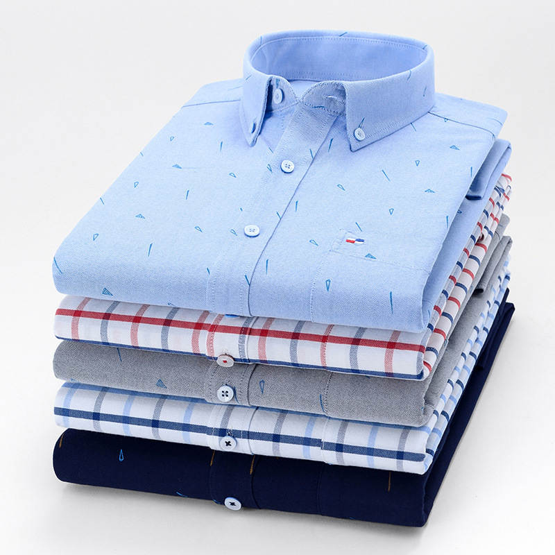 Autumn Slim-fit Cotton Long-sleeved Shirt Youth Casual Plaid Shirt Cotton Washed Oxford Spinning Single-wear Top