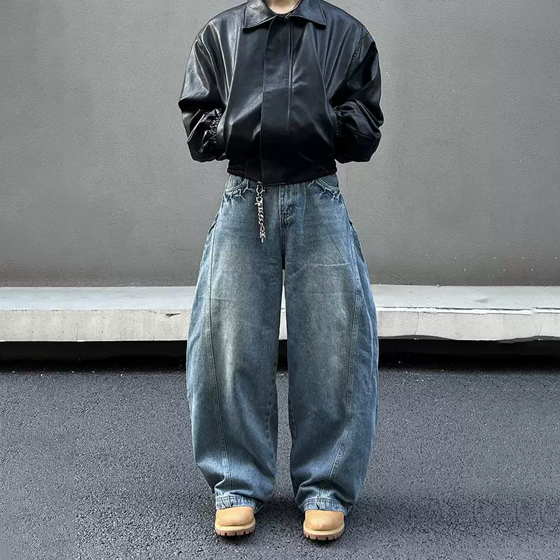 BLAEXIT blue slightly flared jeans men's silhouette straight tube slightly flared loose wide leg American sickle pants