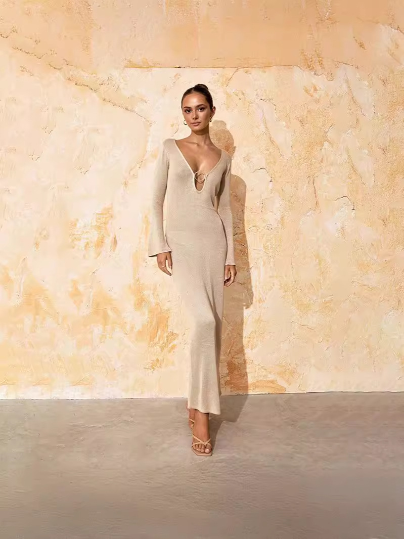 European and American V Neck Sexy Long Knitted Dress Ring Backless Long-Sleeved Cross-Border Amazon Sweater Dress in Stock