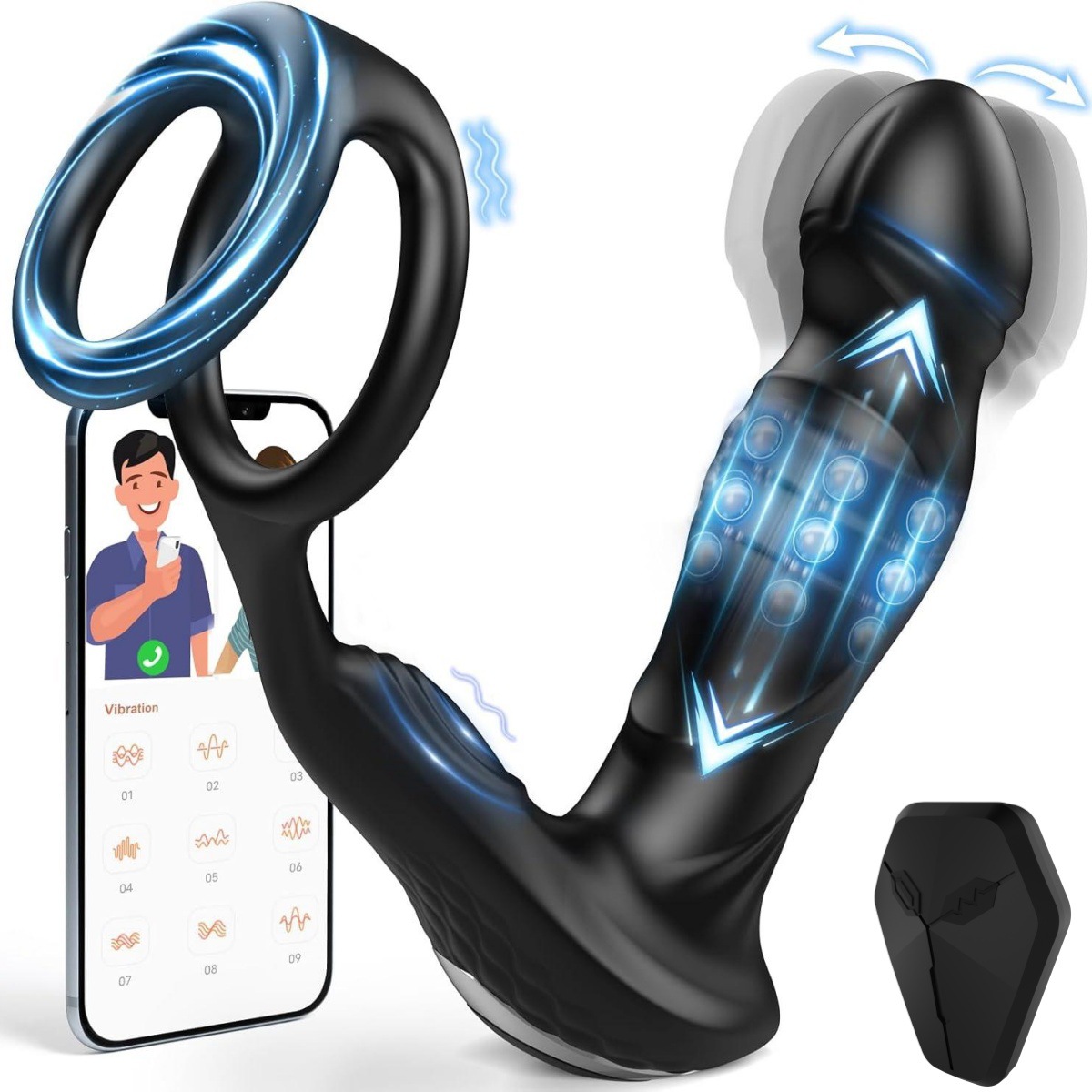 Backcourt 9-Frequency Vibration Buttoning Prostate Massager 9-Frequency Upper and Lower Peristalsis Remote Control App Sex Toy