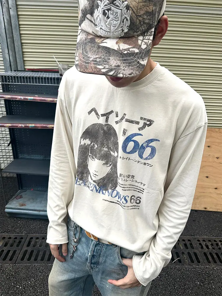 Vintage Shibuya Girl Hand-Drawn Manga Long-Sleeve T-Shirt for Men, Spring and Autumn American-Style Casual Inner Layering Top