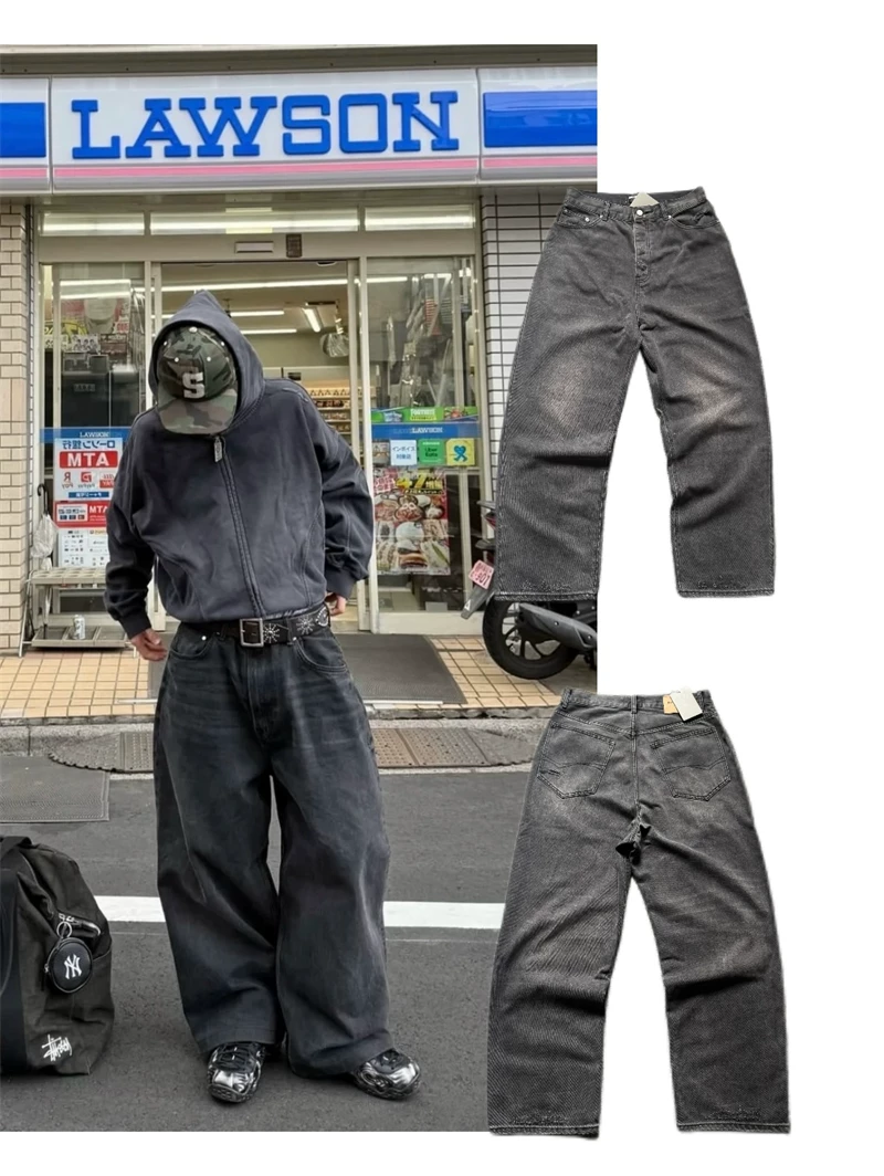 Blcg Paris 22Ss Large Baggy Style Blizzard Wide-Leg Loose Waxed Black-Gray B Brand Jeans