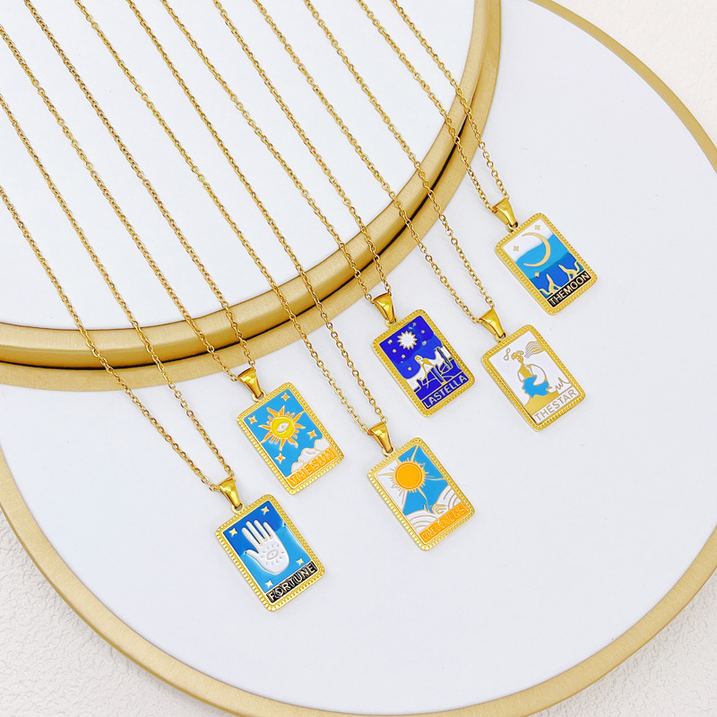 Europe and the United States cross-border color drop tarot card square pendant necklace sun star moon palm fashion sweater chain