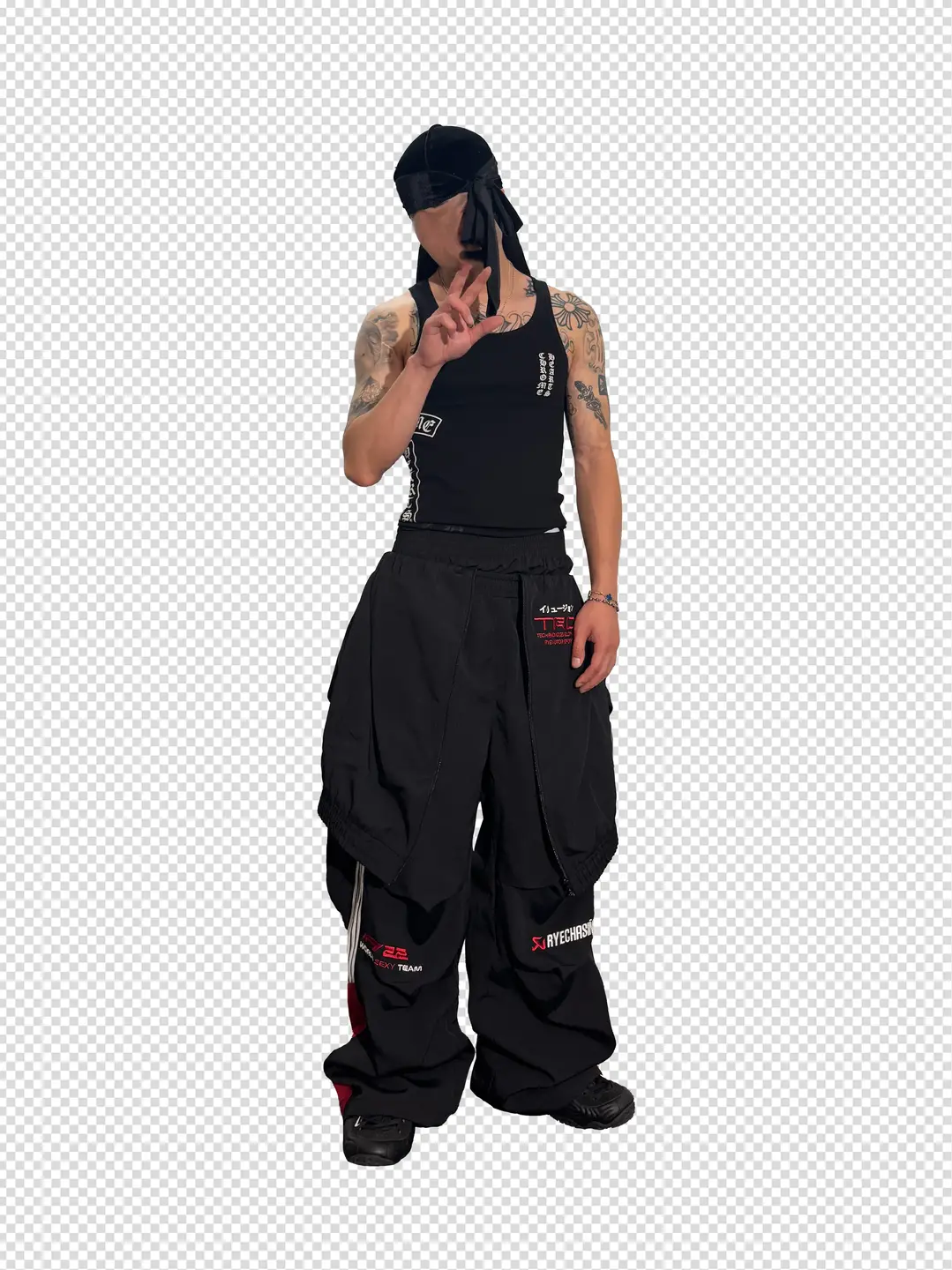 *Rye Chasin Double Waist Fake Two-Piece Imitation Bolt Jacket Black and Red Contrast Strip Style Racing Sports Pants