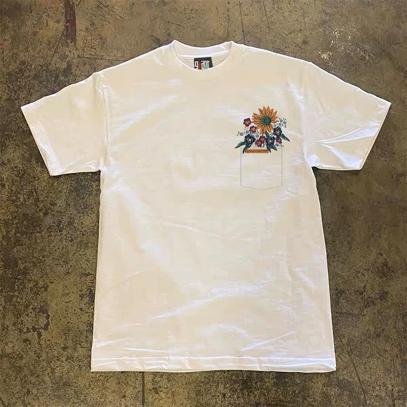 Xiao Chen Has Many Stories, 260g Heavyweight Pure Cotton! 2025 New Style Pocket Floral Pattern Youth Unisex Short-Sleeve T-Shirt