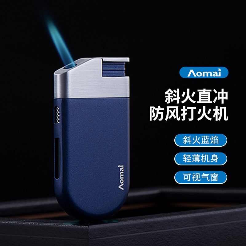 Tiktok Dropshipping Classic Round-Bottom Diagonal Flame Straight-Through Cigarette Lighter, Metal Windproof Refillable Creative Gift Lighter