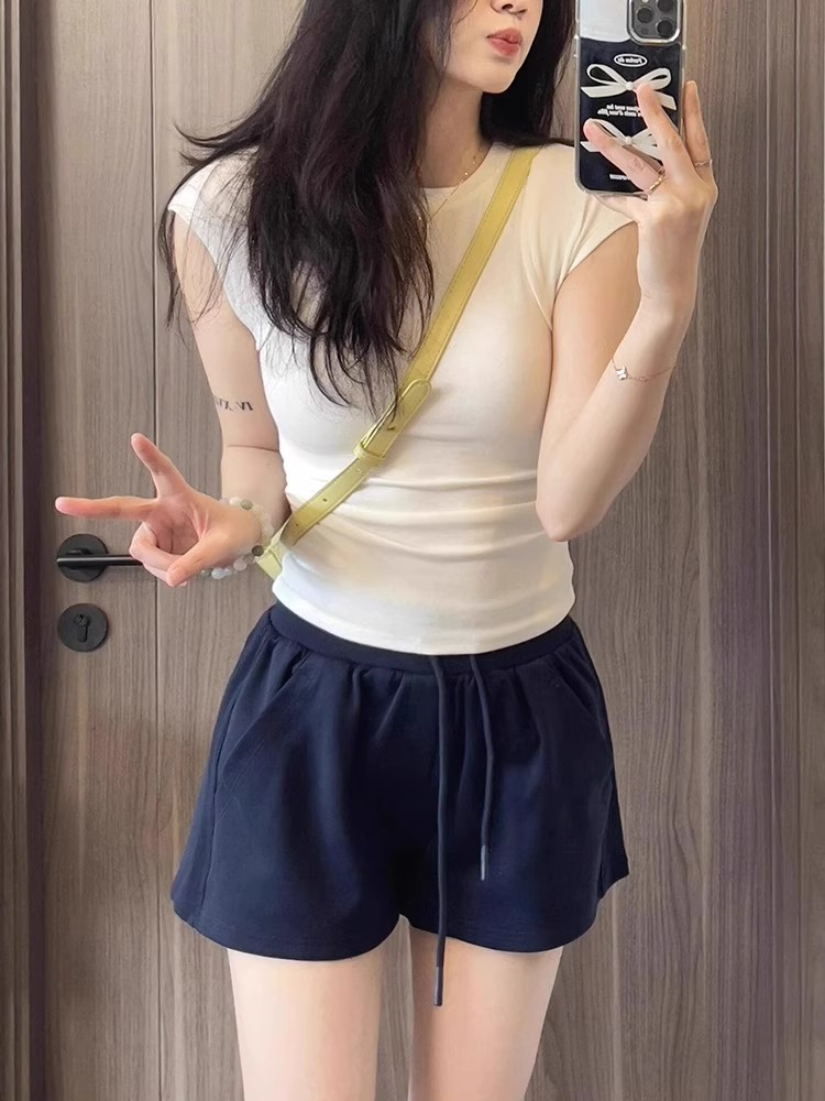 Melard Navy Blue Cotton-Like Sports Shorts for Women, Loose Casual Home Sleepwear, Wide-Leg A-Line Hot Pants for Summer