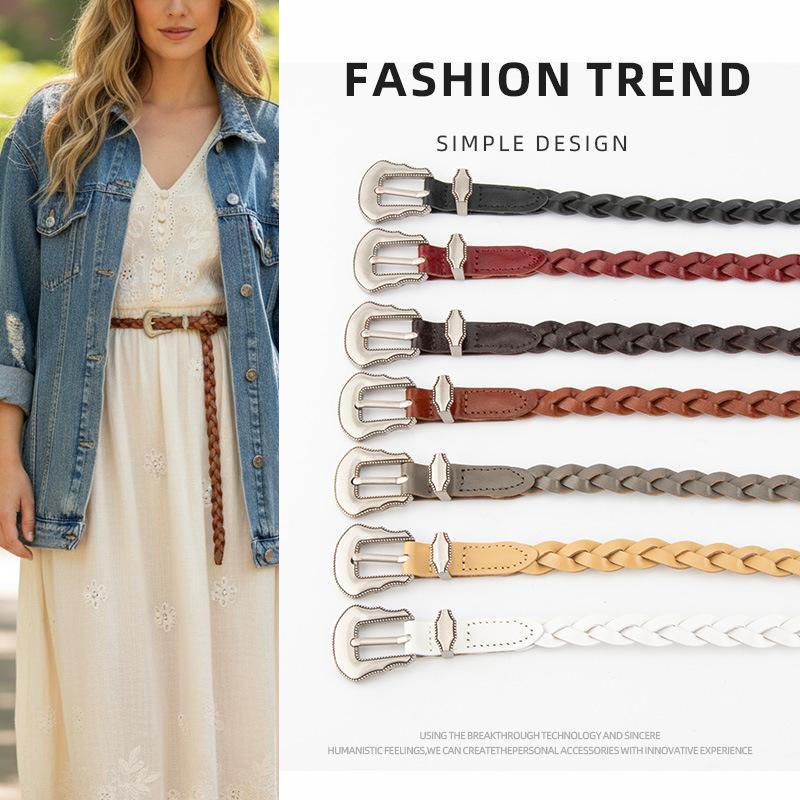 Korean-Style Versatile Woven Belt for Women with Pin Buckle Design, Suitable for Pairing with Suits, Dresses, and Jeans, Fashionable Slim Leather Belt