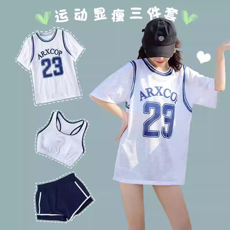 Swimsuit Women's Summer Split Conservative Belly Covering Small Chest Slimming Student Sanya Seaside Mesh Blouse Three-Piece Swimsuit