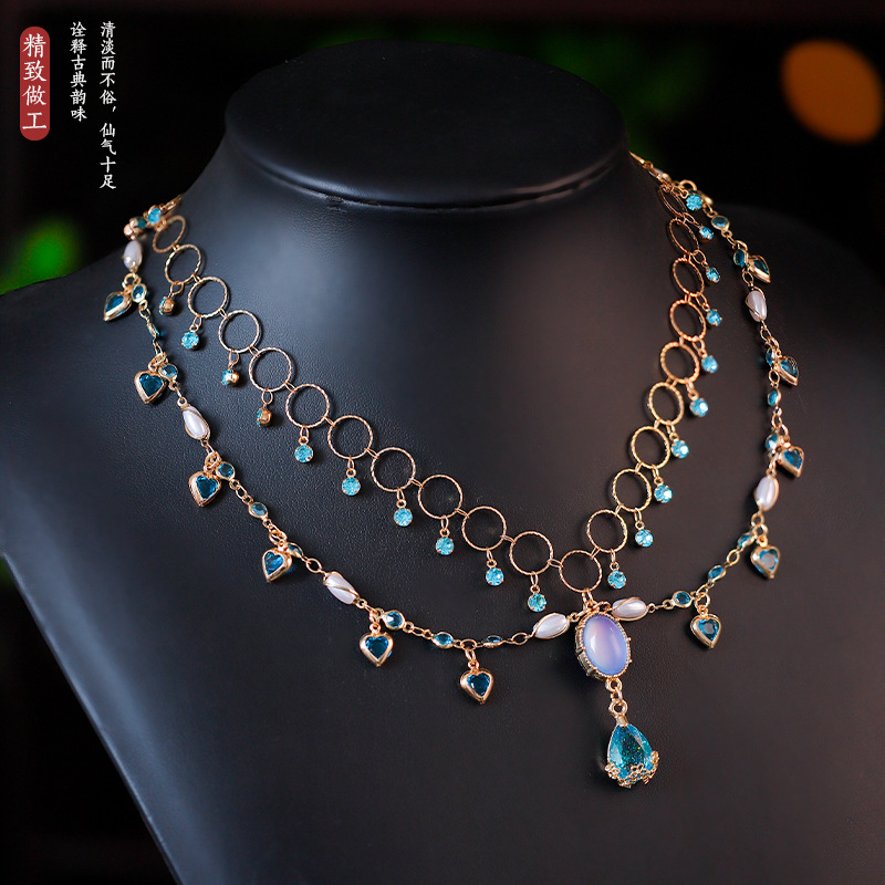 Antique Hanfu Accessories Exotic Headwear Multi-layer Necklace Soft Wreaths Retro Collarbone Chain Eyebrow Pendant Fairy Women