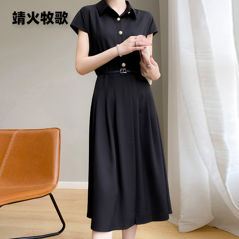 High-end Shirt dress Women's 2023 Summer New Style Elegant Waist Slimming Mid-length Dress Acetic Acid Satin Skirt