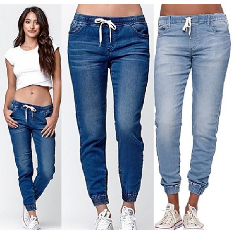 European and American Cross-border Women's Elastic Rubber Waist Rubber Foot Mouth Slim-fit Casual Teenager Leg Jeans Women