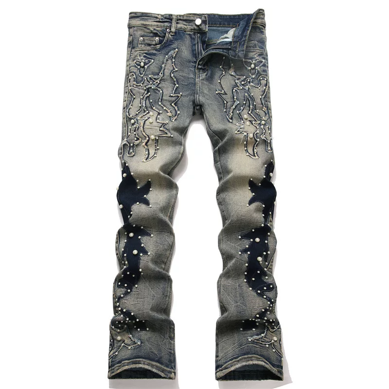 Men's Beading Flared Jeans with Embroidered Beads, Slim Fit, Elastic Micro Horn Jeans
