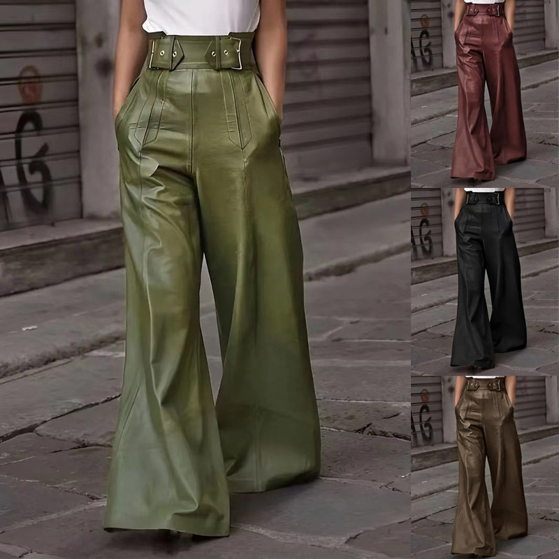 2026 Cross-Border Amazon New Fashion Leather Pants High-Waisted Loose Pocket Waist-Cinching Pu Leather Flared Pants Casual Long Pants