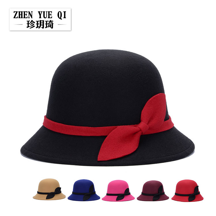 Zhenyueqi autumn and winter cold imitation wool felt hat leaf bow fashion ladies hat vintage hat wholesale
