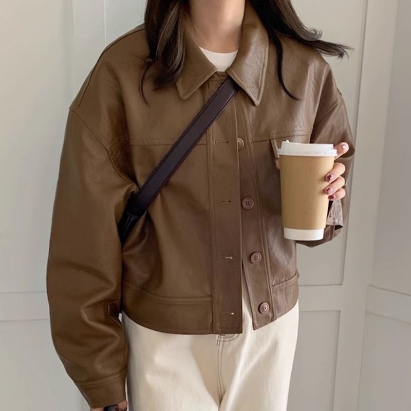 Trendy Personalized Brown Leather Coat Women's Spring and Autumn 2025 New Retro Popular Leather Short Jacket High-end Sense Small