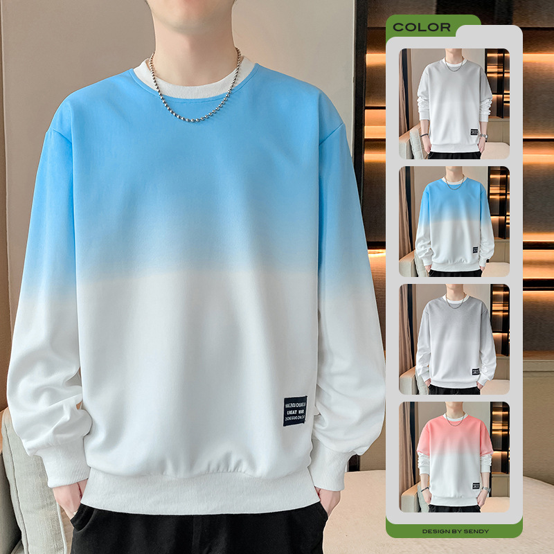 Gradient Color Round Neck Sweatshirt for Men, New Spring and Autumn Large Size Trendy Brand Loose Casual Long-Sleeve T-Shirt Base Layer Top