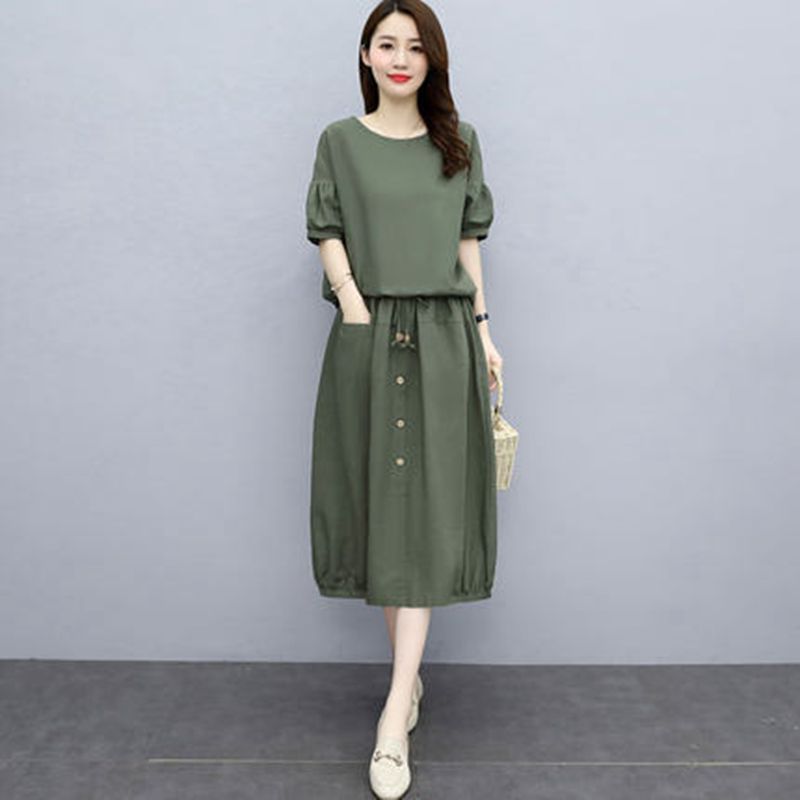 Women's Cotton and Linen Dress 2023 New Summer Large Size Women's Two-piece Loose Slim Fairy Thin Skirt