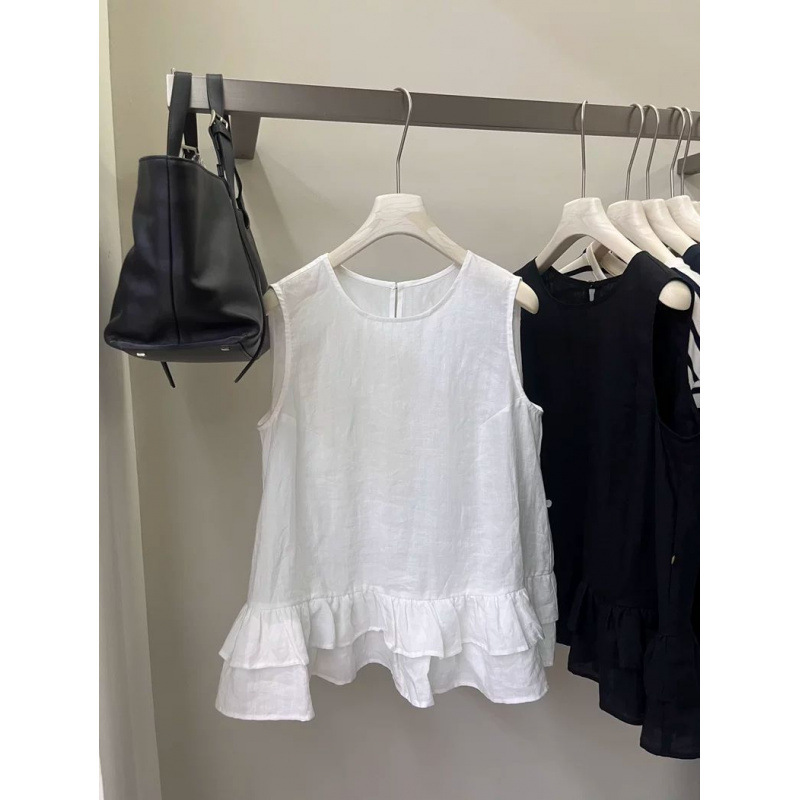 Cotton Korean Style Round Neck Ruffle Splicing Sleeveless Cotton Shirt Women's New Summer Loose and Versatile Top