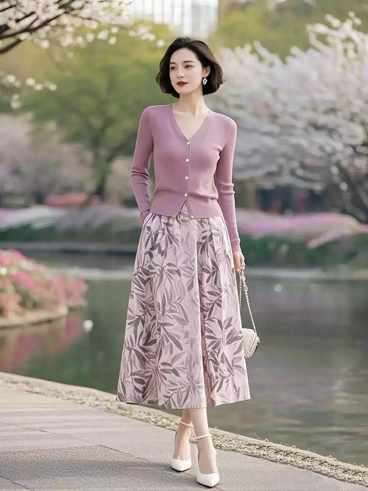 Spring wear a set of middle-aged mother fashion temperament pink purple knitted cardigan floral skirt two-piece set