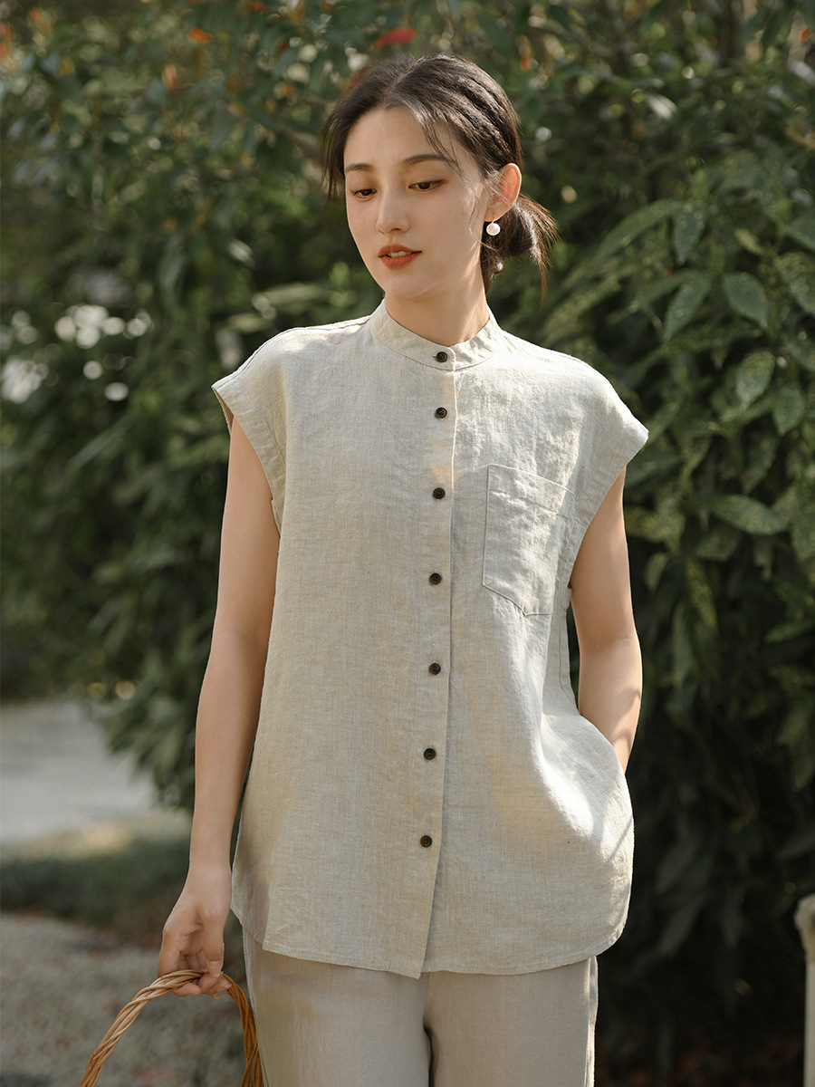 Deer & Andi Women's New Sleeveless Sand-Washed Linen Shirt, Summer Loose-Fit Old Money Style High-End White Shirt