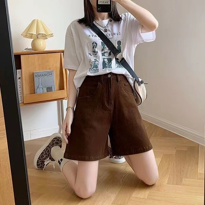 2026 Summer New High-Waisted Versatile Colorful Denim Women's Straight-Leg Korean Style Casual Slimming Fresh Shorts Trendy Versatile