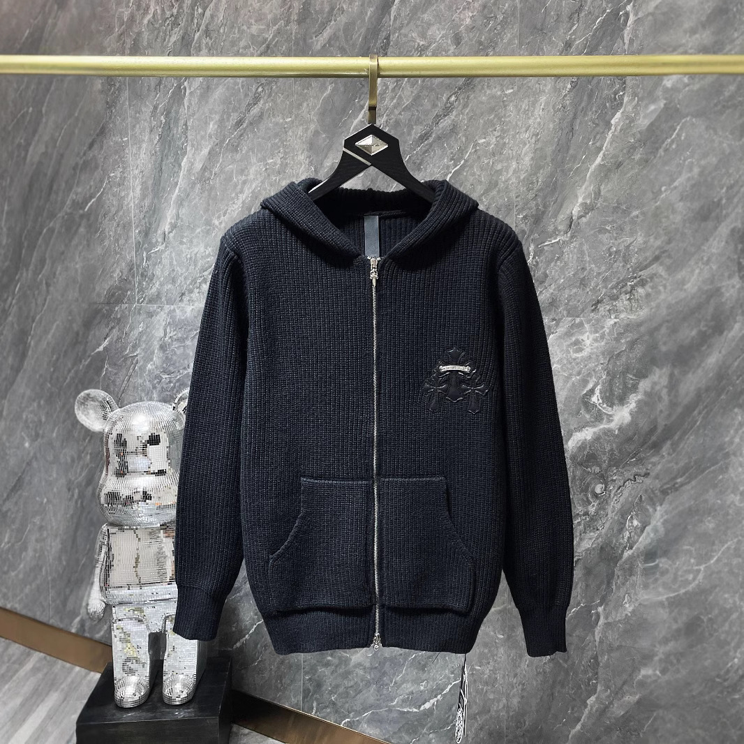 2024 New Autumn and Winter Ch Crow Double-Ended Zipper Leather Handmade Silver Buckle Hooded Zipper Sweater for Men and Women