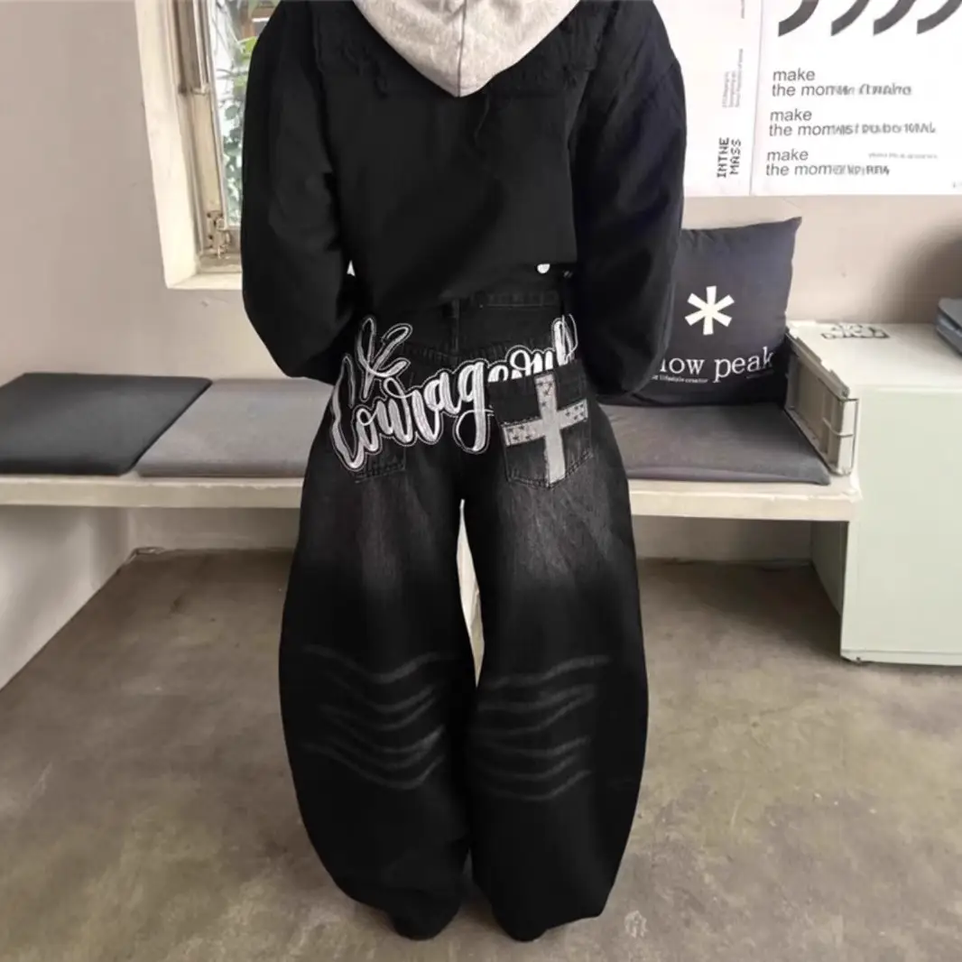跨境美式街头复古做旧水洗黑色牛仔裤男女阔腿宽松高街直筒裤子