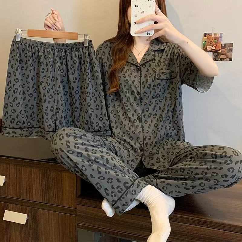 High-End Sweet Leopard Print Pajamas for Women, Summer Thin Style, Dormitory Ins Korean Style Student Short-Sleeved Home Clothes Three-Piece Set