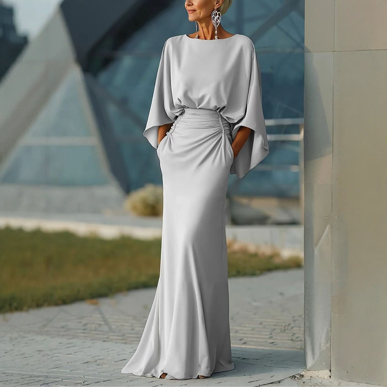 2026 New European and American Style Elegant Backless Pleated Long Dress Women's Slim Fit Dress with Pockets in Stock