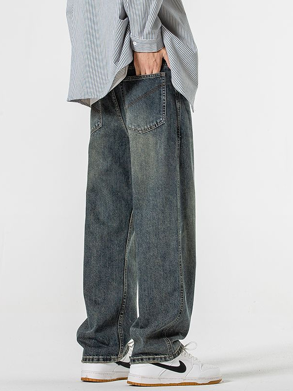 American Retro Trendy Brand Embroidered Back Pocket Jeans for Men, Fashionable Loose Casual Wide-Leg Straight Pants