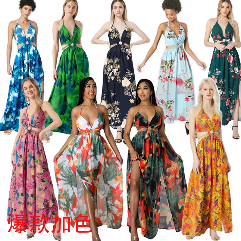 290 European and American Export Women's Printed Skirt Dress Large Size Slightly Fat Mid-Length Suspender Skirt French Printed Long Skirt