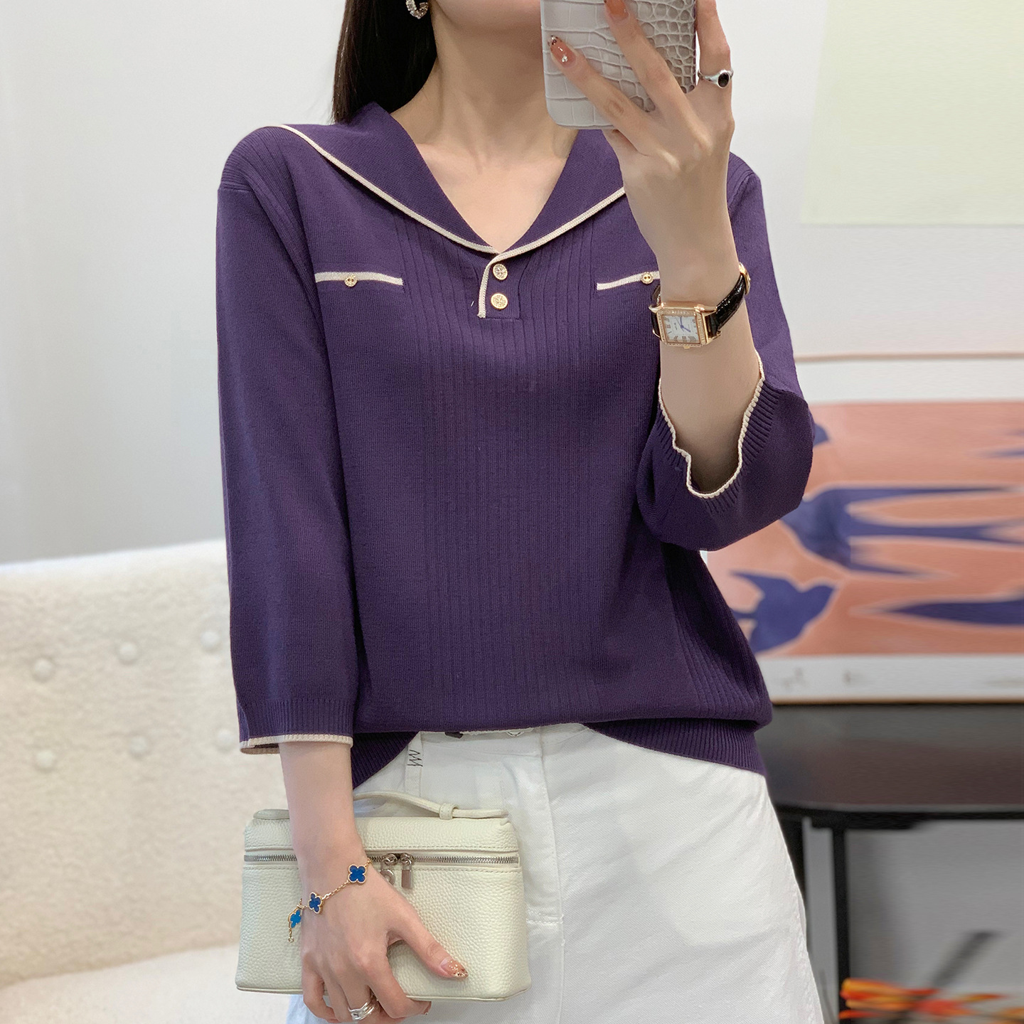 Navy Collar Knit T-Shirt for Women, New Summer Style with Color-Blocked Edges, Three-Quarter Sleeves, Youthful College Style Base Shirt